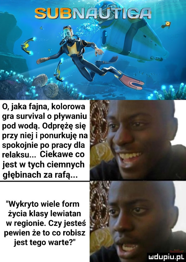 elana o jaka fajna kolorowa. gra survival o plywaniu pod wodą. odprężę się przy niej i ponurkuję na. spokojnie po pracy dla. abakankami relaksu. ciekawe co jest w tych ciemnych głębinach za rafą. wykryto wiele form życia klasy lewiatan. w regionie. czy jesteś. pewien że to co robisz jest tego warte