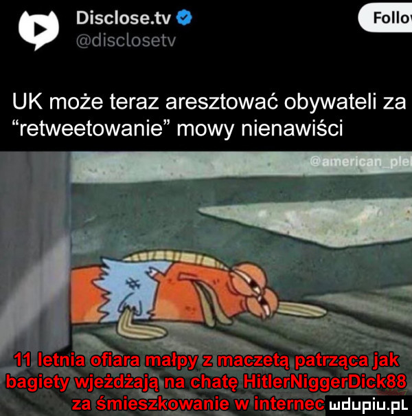 disclose tv rtv iw nix uk może teraz aresztować obywateli za retweetowanie mowy nienawiści x.    letnia o ara malpy z maczetą patrząca jak bagiety wjeżdżają na chatę hitlerniggerdick   za śmieś iłowanie w internec