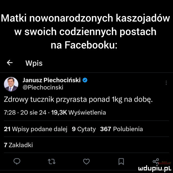 matki nowonarodzonych kaszojadów w swoich codziennych postach na facebooku wpis janusz piechociński o piechocinski zdrowy tucznik przyrasta ponad  kg na dobę.         sie        k wyświetlenia    wpisy podane dalej   cytaty     polubienia  zasiadki u e mduplu pl