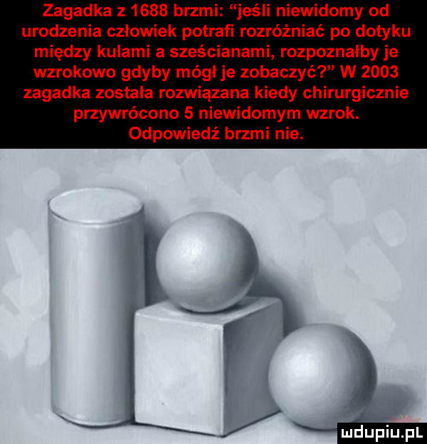 zagadka z      brzmi jeśli niewidomy od urodzenia człowiek potrafi rozróżniać po dotyku między kulami a sześcianami rozpoznalby je wzrokowo gdyby mógł je zobaczyć w      zagadka została rozwiązana kiedy chirurgicznie przywrócono   niewidomym wzrok. odpowiedź brzmi nie. ludupiu pl