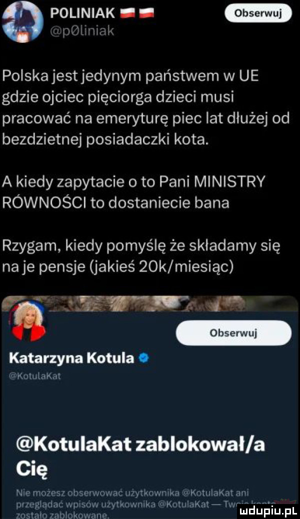 poliniak. abakankami m w w polskajestjedynym państwem w ue gdzie ojciec pięciorga dzieci musi pracować na emeryturę piec lat dłużej od bezdzietnej posiadaczki kota. a kiedy zapytacie oto pani ministry rownosci to dostaniecie bana rzygam kiedy pomyślę że składamy się naje pensje jakieś   k miesiąc   s zew   obserwuj katarzyna kotula. kgwlękm kotulakat zablokował a cię nm mam obserwnwac hymn mm lvkonnakm am mlcgi admwpisow uzyzkuwmkd kctuiakata iar am l mami inwokowane n fiu p