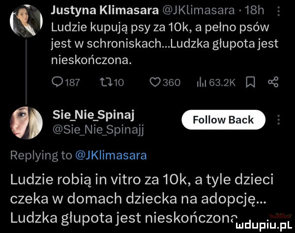 justyna klimasara jklimasara   h c. ludzie kupują psy za   k a pełno psów jest w schroniskach ludzka głupotajest nieskończona.                im   k d sieinieﬁpinajj replying to jklimasara ludzie robią in vitro za   k a tyle dzieci czeka w domach dziecka na adopcję. ludzka głupotajest nieskończonemdupiuipl