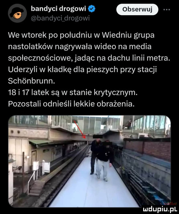 bandyci drogowi o wbamdvci bogow i we wtorek po południu w wiedniu grupa nastolatków nagrywała wideo na media społecznościowe jadąc na dachu linii metra. uderzyli w kładkę dla pieszych przy stacji schönbrunn.    i    latek są w stanie krytycznym pozostali odnieśli lekkie obrażenia