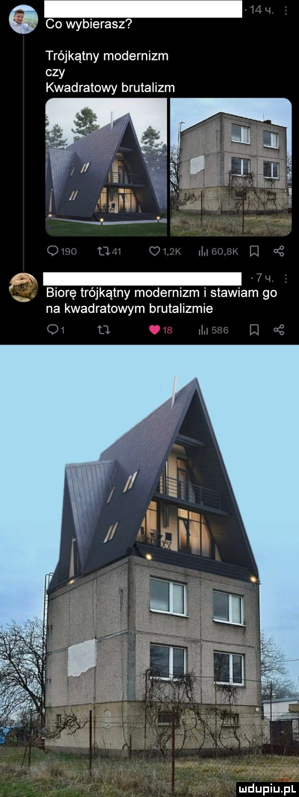 co wybierasz trójkątny modernizm czy kwadratowy brutalizm biorę trójkątny modernizm i stawiam go na kwadratowym brutalizmie
