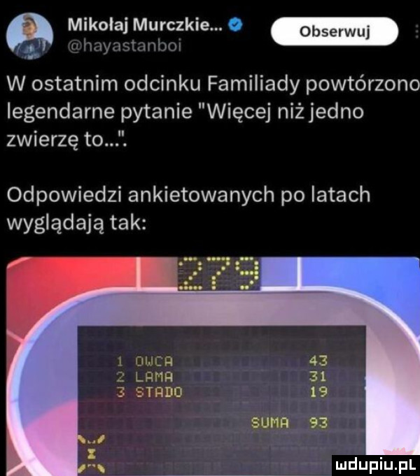 mikolajmurczkie o. w ostatnim odcinku familiady powtórzono legendarne pytanie więcej niejedno zwierzę to. odpowiedzi ankietowanych po latach wyglądają tak sum