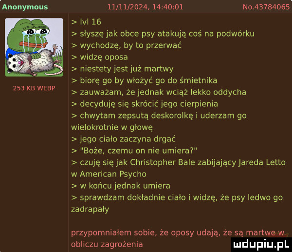 anonymous     kb werp          a       u  n           m    słysze jak obce psy atakują coś na podwórku wychodzę by to przerwac widzę oposa niestety iestjuz martwy biorę go by włozyc go do śmietnika zauważam ze jednak wiraż lekko oddycha decyduję sie skrócićjego cierpienia chwytam zepsutą deskoroike i uderzam go wielokrotnie w głowę jego mało zaczyna drgac boze czemu on nie umiera czuje sie jak christopher bale zabijający jarema lotto w american psycho w końcu jednak umiera sprawdzam dokładnie ciało i widze ze psy ledwo go zadrapały przypomniałem sobie że oposy udają że są martwe w obliczu zagrozenia