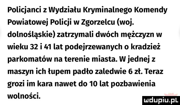 policjanci z wydziału kryminalnego komendy powiatowej policji w zgorzelcu woj. dolnośląskie zatrzymali dwóch mężczyzn w wieku    i a  lat podejrzewanych o kradzież parkomatów na terenie miasta. w jednej z maszyn ich łupem padlo zaledwie   zł. teraz grozi im kara nawet do    lat pozbawienia wolnosq