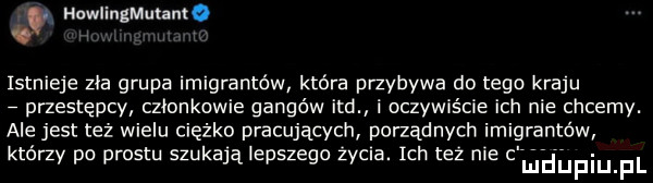 howlingmutauto istnieje zla grupa imigrantów która przybywa do tego kraju przestępcy członkowie gangów ind i oczywiście ich nie chcemy. ale jest też wielu ciężko pracujących porządnych imigrantów ktorzy po prestu szukają lepszego zacna. ich tez nie cmthiupl