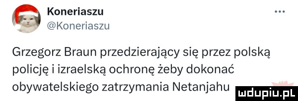 koneriaszu konerraszu grzegorz braun przedzierający się przez polską policję i izraelską ochronę zeby dokonać obywatelskiego zatrzymania netanjahu