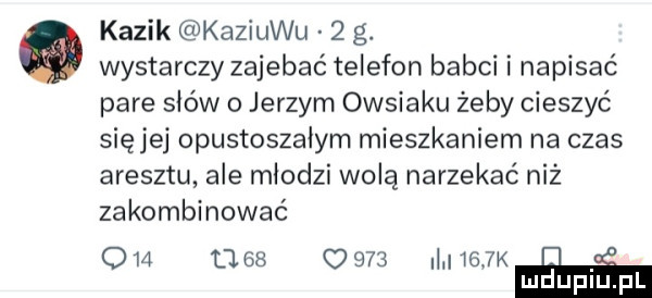 kazik kaziuku   g. wystarczy zajebać telefon babci i napisać pare słów o jerzym owsiaku żeby cieszyć sięjej opustoszałym mieszkaniem na czas aresztu ale młodzi wolą narzekać niż zakombinowac          c     max