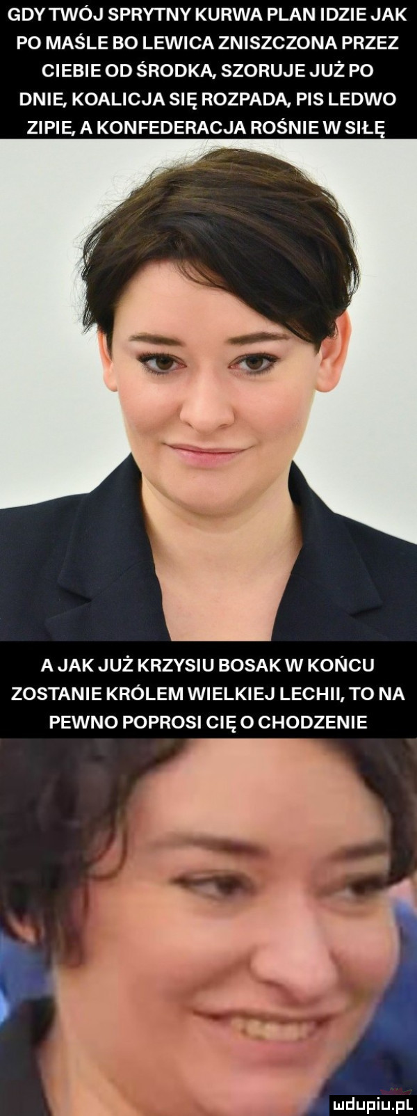 gdy twój sprytny kurwa plan idzie jak po maśle bo lewica zniszczona przez ciebie od środka szoruje już po dnie koalicja się rozpada pis ledwo zi pie a konfederacja rośnie w siłę a jak już krzysiu bosak w koncu zostanie królem wielkiej lechii to na pewno poprosi cię o chodzenie