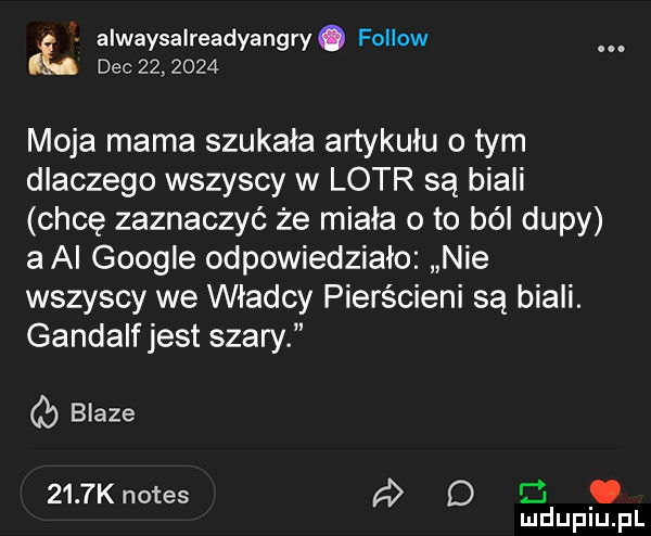 alwaysalreadyangry. fellow dec         moja mama szukala artykułu o tym dlaczego wszyscy w lotr są biali chcę zaznaczyć że miała   to ból dupy   ai google odpowiedziało nie wszyscy we władcy pierścieni są biali. gandalf jest szary blaze     knotes ó d d. mduplu pl