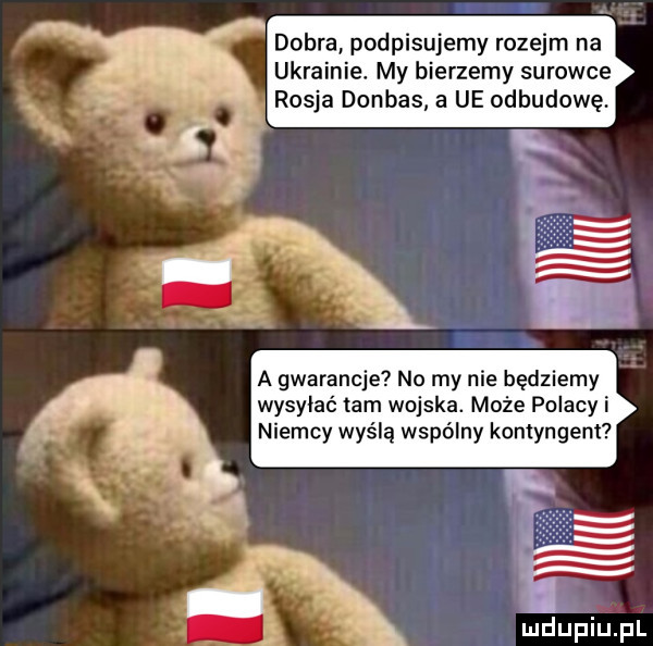 dobra podpisujemy rozejm na ukrainie. my bierzemy surowce rosja donbas a ue odbudowę. a gwarancje no my nie będziemy wysyłać lam wojska. może polacy i niemcy wyślą wspólny kontyngent