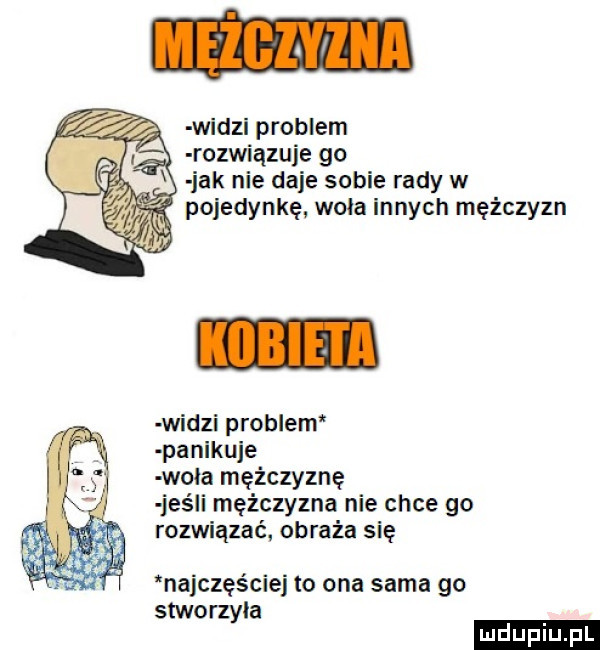 widzi problem rozwiązuje go jak nie daje sobie rady w pojedynkę woła innych mężczyzn widzi problem panikuje woła mężczyznę jus li mężczyzna nie chce go rozwiązać obraża się najczęściej to ona sama go stworzyła