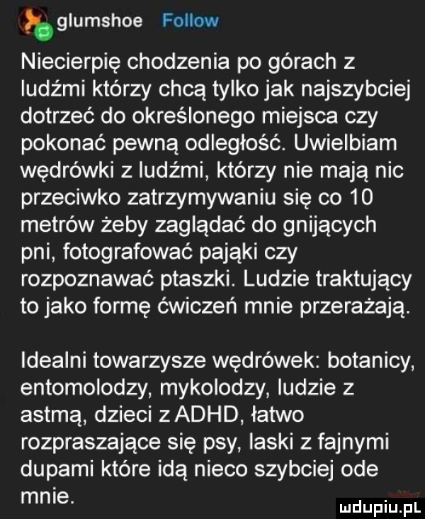 glumshoe fellow niecierpię chodzenia po górach z ludźmi którzy chcą tylko jak najszybciej dotrzeć do określonego miejsca czy pokonać pewną odległość. uwielbiam wędrówki z ludźmi którzy nie mają nic przeciwko zatrzymywaniu się co    metrów żeby zaglądać do gnijących pni fotografować pająki czy rozpoznawać ptaszki. ludzie traktujący to jako formę ćwiczeń mnie przerażają. idealni towarzysze wędrówek botanicy entomolodzy mykolodzy ludzie z astmą dzieci zadhd łatwo rozpraszające się psy laski z fajnymi dupami które idą nieco szybciej ode mnie