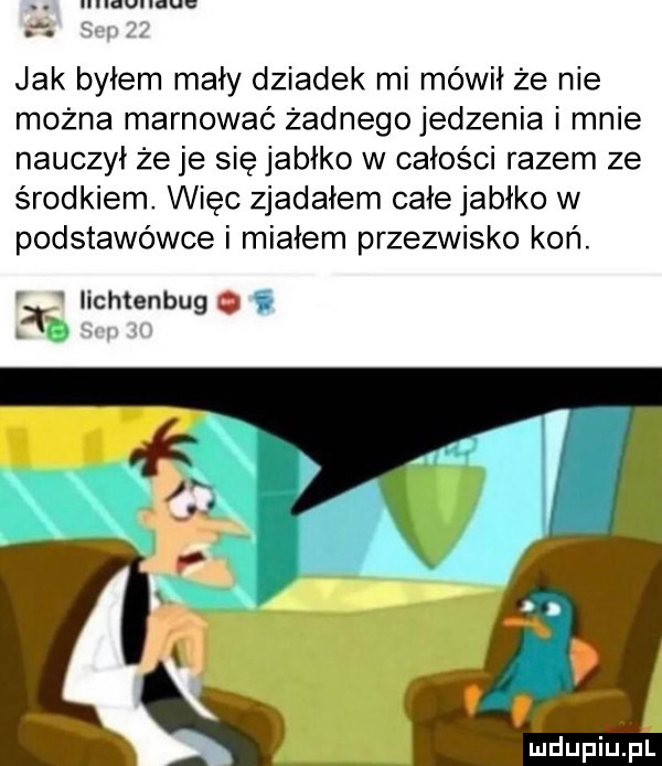 jak byłem mały dziadek mi mówił że nie można marnować żadnegojedzenia i mnie nauczył że je się jabłko w całości razem ze środkiem. więc zjadałem całe jabłko w podstawówce i miałem przezwisko koń. lichtenbu  .     o