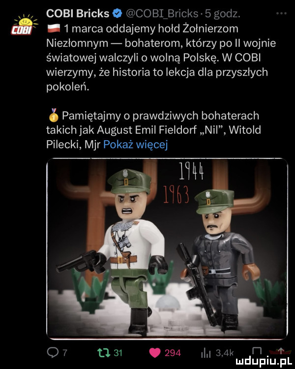 g coli bricks o coli bricks   godz. p.   marca oddajemy hold żołnierzom niezlomnym bohaterom którzy po ii wojnie światowej walczyli o wolną polskę. w coli wierzymy że historia to lekcja dla przyszlych pokoleń.   pamiętajmy o prawdziwych bohaterach takich jak august emil fieldorf nil witold pilecki mjr pokaż więcej o   a   .     w h mduplu pl