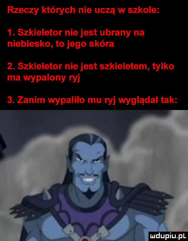 rzeczy których nie uczą w szkole  . szkieletor nie jest ubrany na niebiesko to jego skóra  . szkieletor nie jest szkieletem tylko ma wypalony ryj  . zanim wypalilo mu ryj wyglądał tak