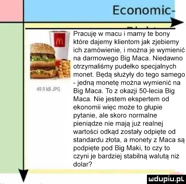 pracuję w macu i mamy te bony i które dajemy klientom jak zjebiemy ich zamówienie i można je wymienić na darmowego big maca. niedawno otrzymaliśmy pudelko specjalnych monet. beda slużyly do tego samego jedną monetę można wymienić na big maca. to z okazji    ircia big maca. nie jestem ekspertem od ekonomii więc może to głupie pytanie ale skoro normalne pieniądze nie mają już realnej wartości odkąd zostaly odpiete od standardu zlota a monety z maca są podpięte pod big maki to czy to czyni je bardziej stabilną walutą niż dolar