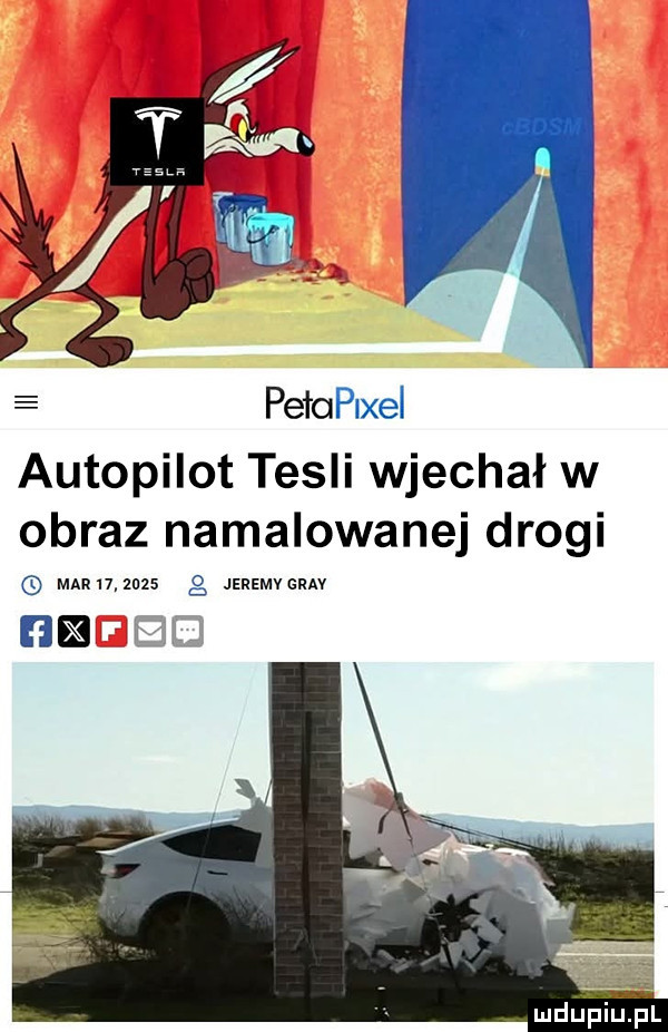 pełoplxel autopilot tesli wjechał w obraz namalowanej drogi mur        jeremvgrav hi