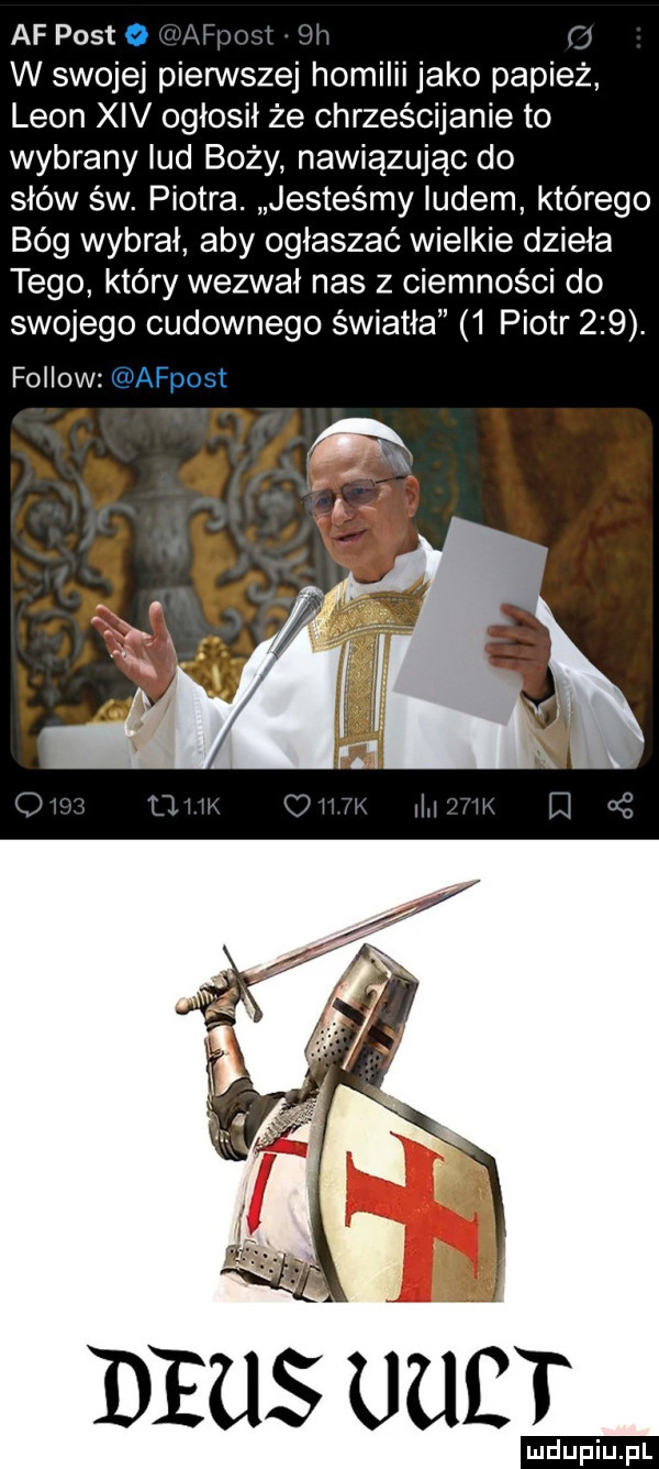 af pasto m   l m j w swojej pierwszej homilii jako papież leon xiv ogłosił że chrześcijanie to wybrany lud boży nawiązując do słów św. piotra. jesteśmy ludem którego bóg wybral aby ogłaszać wielkie dzieła tego który wezwał nas z ciemności do swojego cudownego światła   piotr    . fellow afpost mus nin