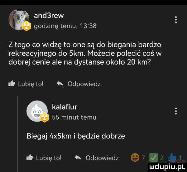 lx and rew godzinę temu       z tego co widzę to one są do biegania bardzo rekreacyjnego do  km. możecie polecić coś w dobrej cenie ale na dystanse około    km. lubię toi odpowiedz kalafior    minut temu biegaj  x km i będzie dobrze k   it lubię toi a odpowiedz