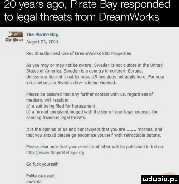 yeats ago y responooe to legal threats from dreamworks. mrn. v w uuu.   ludu iu. l