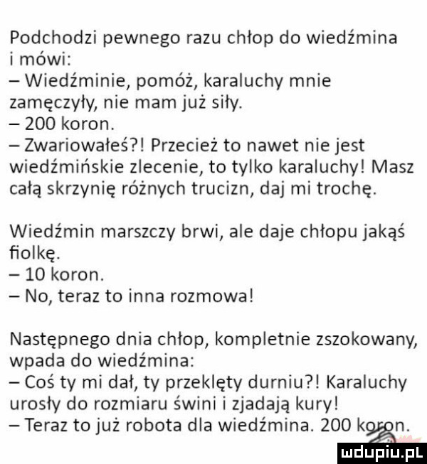 podchodzi pewnego razu chlop do wiedźmina i mówi wiedźminie pomóż karaluchy mnie zamęczyły nie mam już siły.     koron zwariowałeś przecież to nawet nie jest wiedźmińskie zlecenie to tylko karaluchy masz celą skrzynię różnych trucizn daj mi trochę. wiedźmin marszczy brwi ale daje chłopu jakaś fiolkę    koron. no teraz to inna rozmowa następnego dnia chłop kompletnie zszokowany wpada do wiedźmina coś ty mi dal ty przeklęty durniu karaluchy urosły do rozmiaru świni i zjadają kury teraz to już robota dla wiedźmina.     k n
