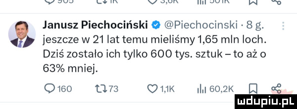 v w lj m v un mm w janusz piechociński o piechocinski   g. jeszczew    lat temu mieliśmy     mln loch. dziś zostało ich tylko     tys. sztuk to aż o    mniej.          ork     k d