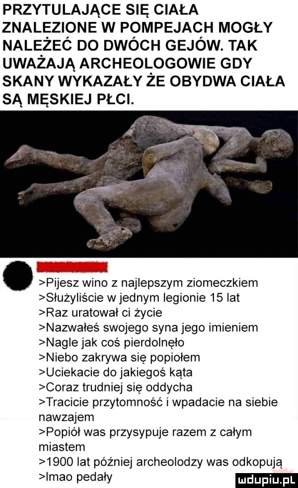 przytulające się ciała znalezione w pompejach mogly należeó do dwóch gejów. tak uważają archeologowie gdy skany wykazały że obydwa ciała są męskiej płci. abakankami pijesz wino z najlepszym ziomeczkiem służy iście w jednym legionie    lat raz uratował ci życie nazwałeś swojego syna jego imieniem nag ewak coś pierdolnęło niebo zakrywa się popiołem uciekacie do jakiegoś kąta coraz trudniej się oddycha tracicie przytomność i wpadacie na siebie nawzajem popiół was przysypuje razem z całym miastem      lat później archeolodzy was odkopują imho pedały
