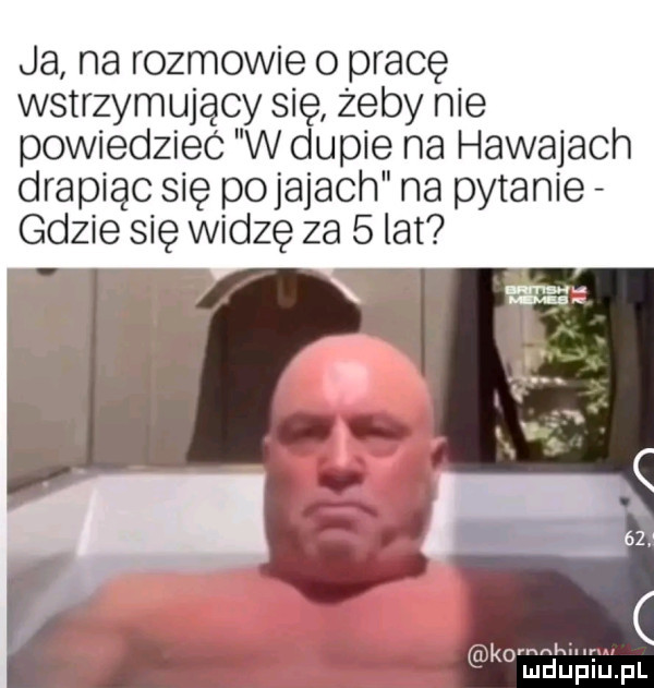 ja na rozmowie o pracę wstrzymujący się żeby nie powiedzieć w dupie na hawajach drapiąc się porajach na pytanie gdzie się widzę za   lat tm nk. ludupiu. pl