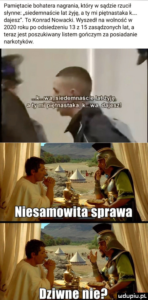 pamiętacie bohatera nagrania który w sądzie rzucii słynne siedemnaście lat żyję a  y mi piętnastaka k. dajesz. to konrad nowacki wyszedł na wolność w      roku po odsiedzeniu        zasadzonych lat a teraz jest poszukiwany listem gończym za posiadanie narkotyków. wa. siedemnaście mm imasmka. k. wa f zimne tale ludwin fl