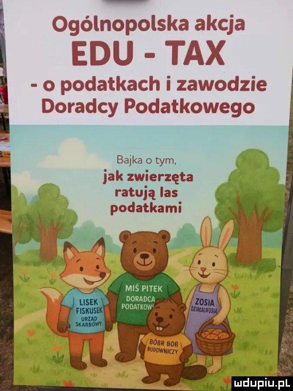 ogólnopolska akcja edu tex o podatkach i zawodzie doradcy podatkowego belka o tym. jak zwierzęta ratują las podatkami miś men doradca pdbatkow