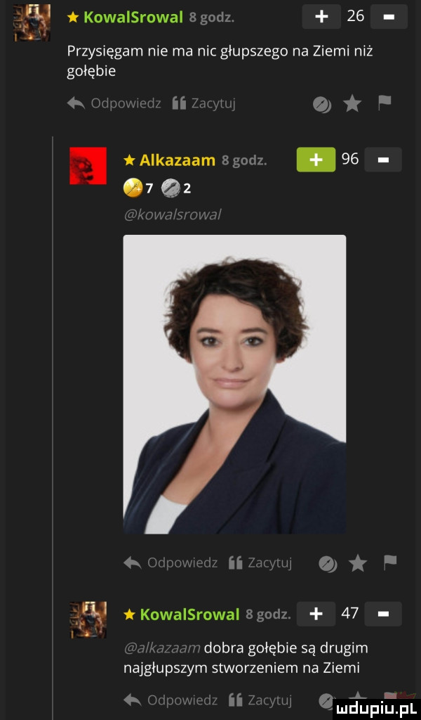 kowalsrowal   godz.    przysięgam nie ma nic głupszego na ziemi niż gołębie fw   iii. o i alkazaam bgodz.      gz eiwww qi  w kowalsrowalsgodz    dobra gołębie są drugim najgłupszym stworzeniem na ziemi   h o ij j i l