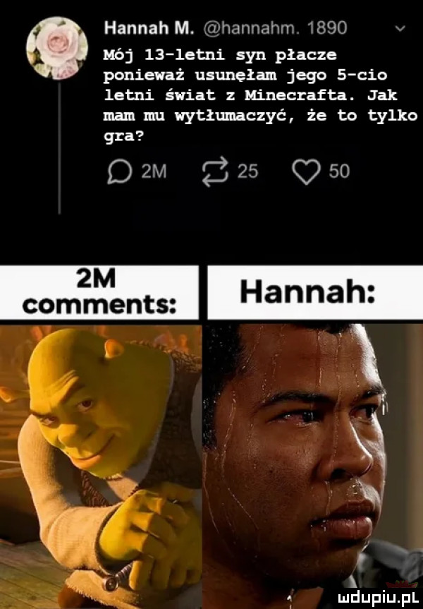hannah m. cihennahm      v mój     eoni syn płacze ponieważ usunęłam jego   ceo letni świat z minecrafta. jak mam mu wytłumaczyć że to tylko gra w