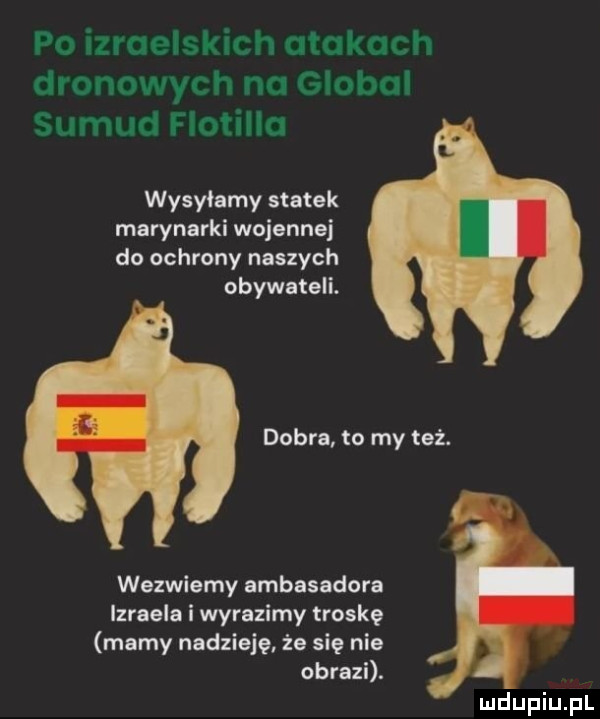 po izraelskich atakach dronowych na globul sumud flotylla wysylamy statek marynarki wojennej do ochrony naszych obywateli. dobra to my też. wazwlamy ambasadora izraela i wyrazimy troskę mamy nadzieję że się nie obrazi