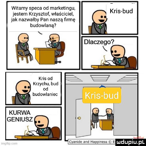 witamy speca od marketingu jestem krzysztof właściciel jak nazwaliby pan naszą farmę budowlaną kris od krzychu bud od budowlaniec ja