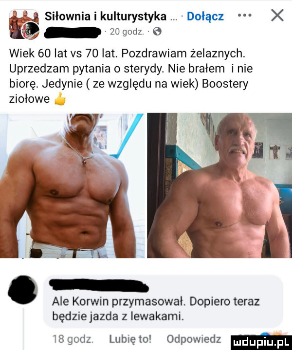 siłowniaikulturystyka dołącz x p    godz.   wiek    lat vs    lat pozdrawiam żelaznych uprzedzam pytania o sterydy. nie brałem i nie biorę. jedynie ze względu na wiek boostery ziołowe. ale korwin przymasowal. dopiero teraz będzie jazda z iewakami. ibqudz. lubięlo odpowiedz m