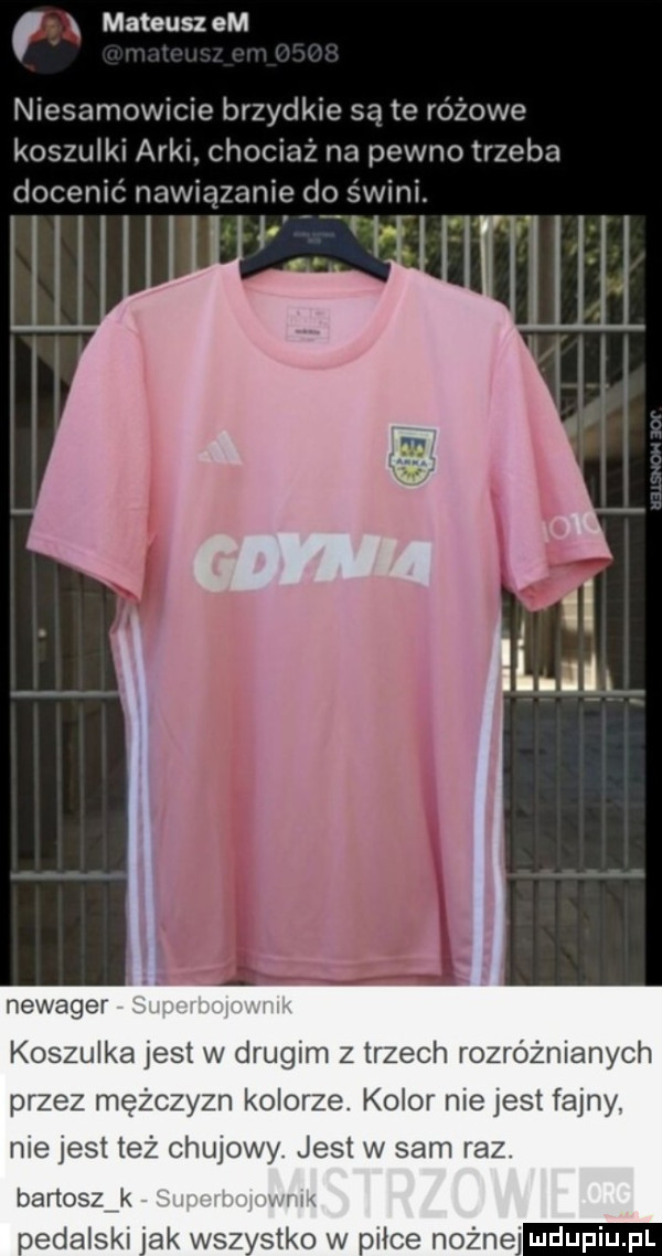 ą mateusz em niesamowicie brzydkie są te różowe koszulki arki chociaż na pewno trzeba docenić nawiązanie do świni newager koszulka jest w drugim z trzech rozróżnianych przez mężczyzn kolorze. kolor nie jest fajny. nie jest też chujowy jest w sam raz bartosz k pedalskl jak wszystko w piłce nożnej