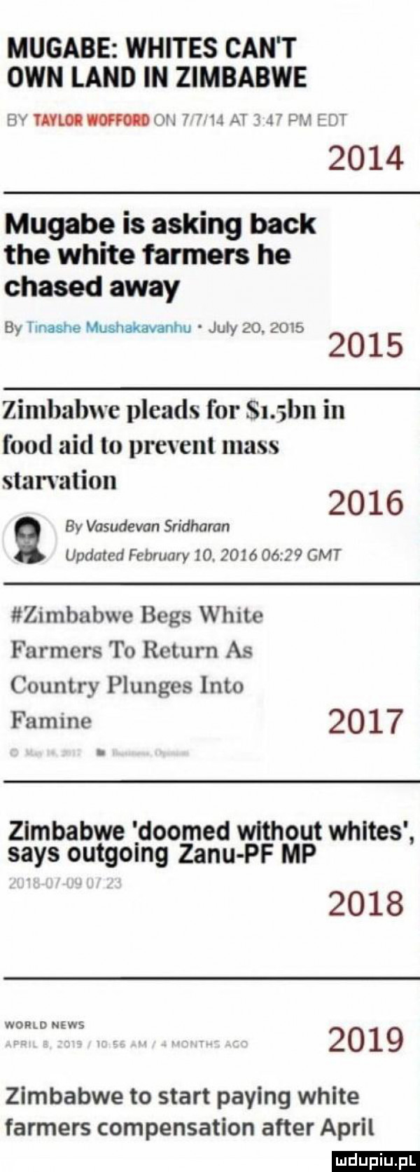 mugabe whites cen t ozn land in zimbabwe fw tavmwoh        at j pm fat      mugabe is asking beck tee white farmers he chasyd away by hnashe mushakavanhu judy              zimbabwe pleads for sl bn in fond aid to prezent mess starvation ev vusudevnn sridharan updated february   .            gat zimbabwe beis white farmers to return as country plunges iato famine      zimbabwe doomed wlthout whltes saks outgoing zenu pf mp      wromdnews      zimbabwe to start paying white farmers compensation after avril ludu iu. l