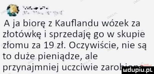a ja biorę z kauﬂandu wózek za złotówkę i sprzedaję go w skupie złomu za    zł. oczywiście nie są to duże pieniądze ale przynajmniej uczciwie zaro