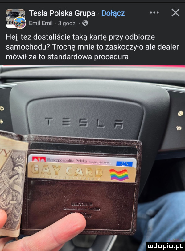 it tesla polska grupa     emiiemii  godz e hej tez dostaliście taką kartę przy odbiorze samochodu trochę mnie to zaskoczyło ale dealer mówił ze to standardowa procedura ł