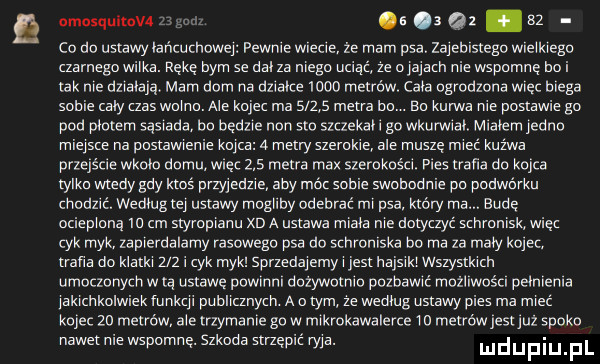 omosquitow. abakankami q.    co do ustawy iar rcuctrowey pewnie mime. ze mam psa zajebvslego wielkiego czarnego wnika. rękę bym se dni za mego uciąć ze o jalatti nie wspomnę no i tak nie dziaiaią. mam dom na działce woo metrow. caba ogrodzeni wiec biega sobie taby zas wanno. ale kojec ma       metra bu. bu kurwa nie postawie go pod paolem sąsiada bo będzie non sto szczekah go wkurwrai mraiem yeono rnieyste na postawienie kojca a metry szerokie ale muszę mieć kuźwa przejście wkolo domu wrę     metra max szerokości. pies irena do kojca tylko wtedy gdy ktos przyjedzie aby mat sobie swoooonie pu podwórku chodzić. według tey ustawy mogiioy odebrać mi psa który ma abe otiepiona iu cm styropianu xo a ustawa miota roe dotyczyć stnronisk wdę cyk rnyk zapreroaiamy rasowego psa do schroniska bo ma za maty kojec. nina do klatki     i cyk myk sprzedajemy i jest hajsik wszystkim utuczonych w tą ustawe powmm dożywotnio pozbawić mozliwosci peinienra iakichkolwiek fanką. puoiitznycn. a o tym ze weoiug ustawy pies ma mieć koje    metrow abe trzymanie go w mikrokawalerce io metrow jest jul spoko nawet nie wspomnę. szkoda s rzęzić ryja