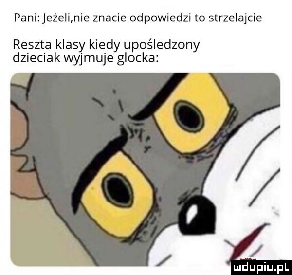 pani eżeli nie znacie odpowiedzi to strzelajcie reszta klasy kiedy upośledzony dzieciak wyjmuje glocka