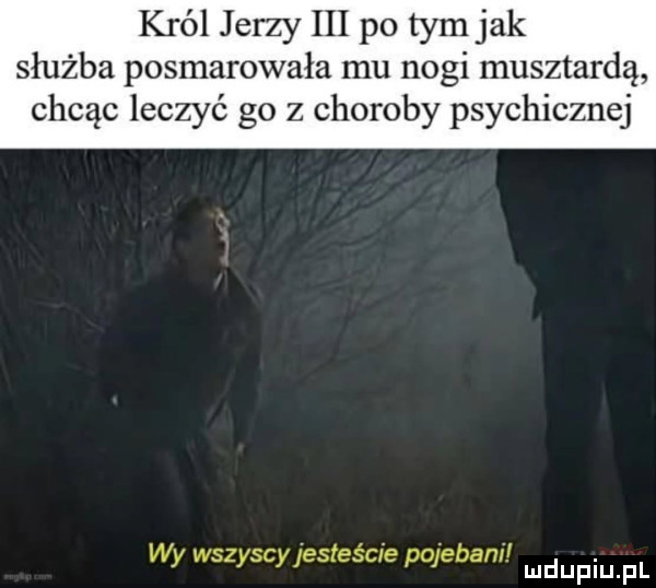 król jerzy iii po tym jak służba posmarowała mu nogi musztardą chcąc leczyć go z choroby psychicznej. abakankami. abakankami wy wszyscy estesae pajebanl