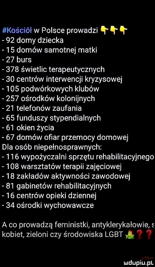 kościół w polsce prowadzi ł    domy dziecka    domów samotnej matki    burs     świetlic terapeutycznych    centrów interwencji kryzysowej     podwórkowych klubów     ośrodków kolonijnych    telefonów zaufania    funduszy stypendialnych    okien życia    domów oﬁar przemocy domowej dla osób niepelnosprawnych     wypożyczalni sprzętu rehabilitacyjnego     warsztatów terapii zajęciowej    zakładów aktywności zawodowej    gabinetów rehabilitacyjnych    centrów opieki dziennej    ośrodki wychowawcze a co prowadzą feministki antyklerykalowie s kobiet zieloni czy środowiska lgbt