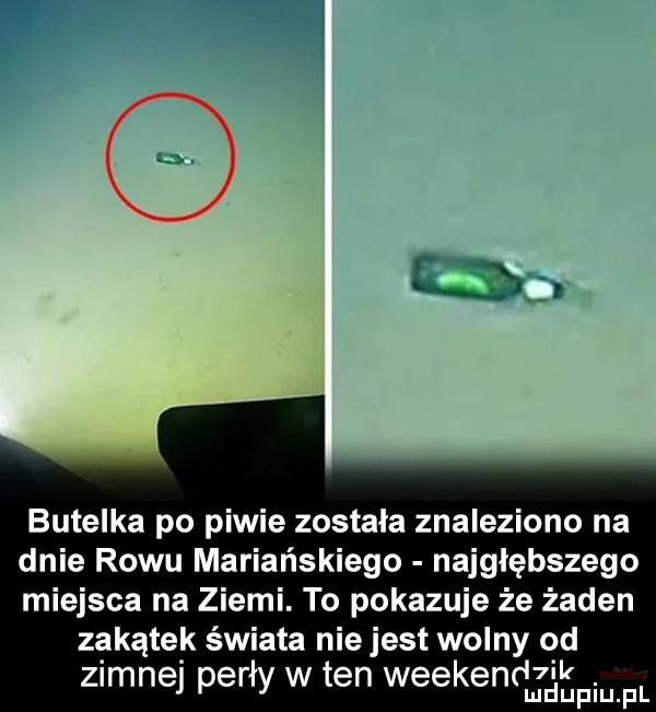 butelka po piwie została znaleziono na dnie rowu mariańskiego najgłębszego miejsca na ziemi. to pokazuje że żaden zakątek świata nie jest wolny od zimnej perły w ten weekendzik duciu. pl