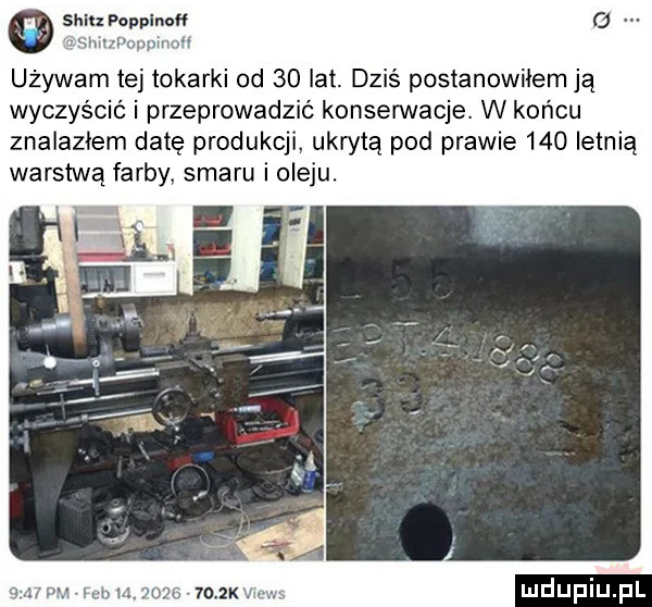 th puppinoff j w hirrhmvani używam tej tokarki od    lat. dziś postanowiłem ją wyczyścić i przeprowadzić konserwacje. w końcu znalazłem datę produkcji. ukrytą pod prawie     letnią warstwą farby. smaru i oleju