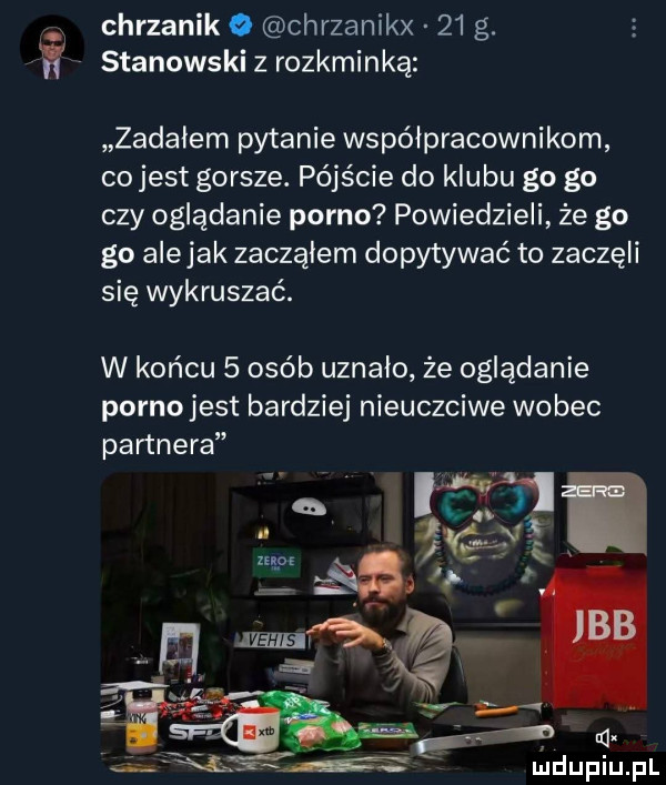 chrzanik o chrzanikx    g. stanowski z rozkminką zadalem pytanie współpracownikom co jest gorsze. pójście do klubu go go czy oglądanie porno powiedzieli że go go alejek zacząłem dopytywać to zaczęli się wykruszać. w końcu   osób uznało że oglądanie porno jest bardziej nieuczciwe wobec partnera