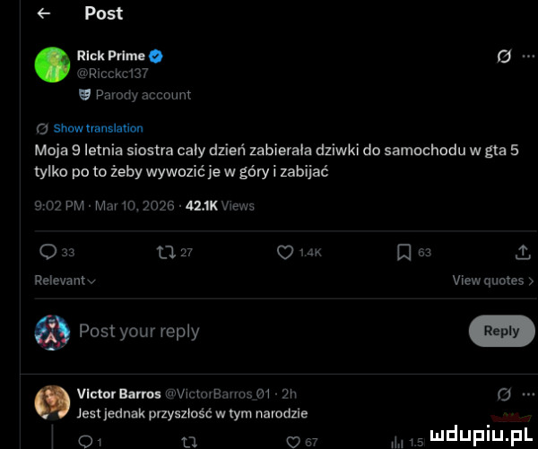 post rick prime. lvchckc    u porody account o shownsmluion maja   letnia siostra caly dzień zabierala dziwki do samochodu w gta   tylko po to żeby wywozić je w góry i zabijać     pm mm n      atx mews       ak o rerevamv post your repry victor bano m vu thnwk     h jest jednak przyszłość w rym narodzie    ł o d   i. view quotes m